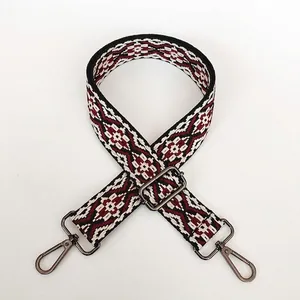 Detail of adjustable geometric weave strap with red, white and black pattern and gunmetal hooks