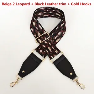 Detail of leopard print nylon strap with black leather ends and gold lobster clasps