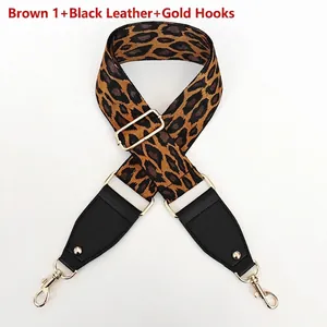 Detail of leopard print nylon strap with black leather trim and gold lobster clasps