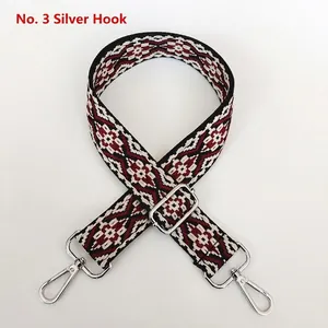 Detail of adjustable bohemian jacquard bag strap with silver metal hooks and geometric pattern