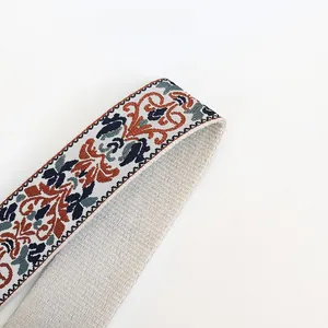 Detailed view of jacquard woven strap showing colorful ethnic floral patterns on both sides
