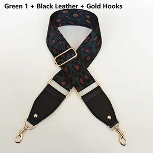 Adjustable leopard print nylon strap with black leather ends and gold metal hooks