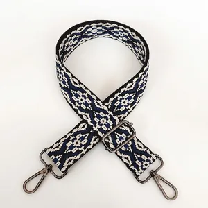 Close-up of geometric jacquard shoulder strap with gunmetal swivel hooks for bags