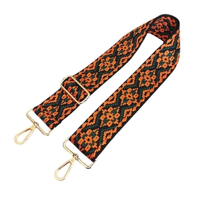 Ethnic style adjustable wide nylon shoulder strap with orange jacquard pattern and gold hooks