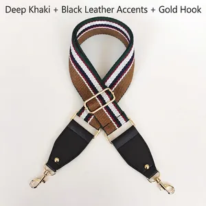 Adjustable wide canvas strap in khaki with green white red stripes and gold hooks