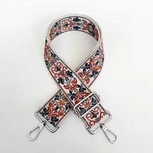 Detail view of retro woven strap with ethnic pattern and silver metal carabiner hooks