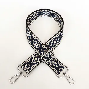 Detail of ethnic geometric woven bag strap in blue and white with silver metal clasps