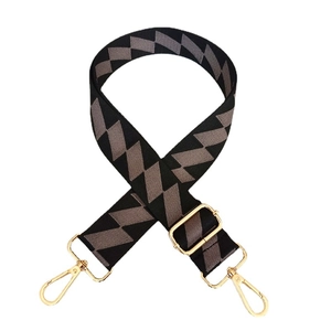 Adjustable wide woven bag strap with geometric diamond pattern and gold metal hooks