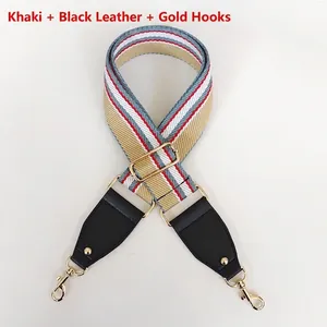Detail of adjustable khaki striped canvas bag strap with black leather ends and gold hooks