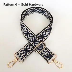 Detail of Style 4 wide jacquard shoulder strap with blue geometric patterns and gold hooks
