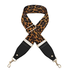 Leopard print wide nylon strap with leather ends and gold metal hooks for crossbody bags