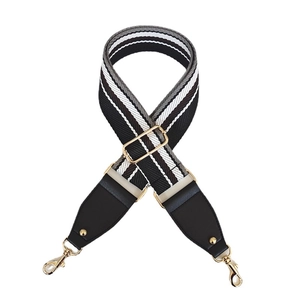 Adjustable wide canvas shoulder strap with striped pattern and gold metal buckles