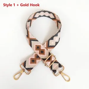 Detail of colorful jacquard canvas strap with geometric patterns and gold metal hooks