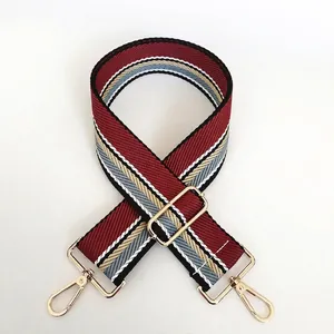 Adjustable 5cm wine red and navy striped wide canvas shoulder strap with gold metal hooks