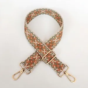Detail of colorful geometric jacquard bag strap with gold metal hooks and adjuster