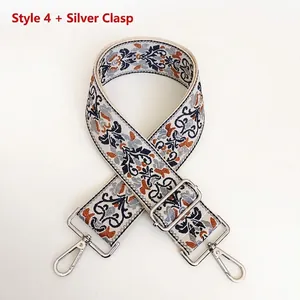 Detail of blue and orange jacquard woven bag strap with silver metal swivel hooks