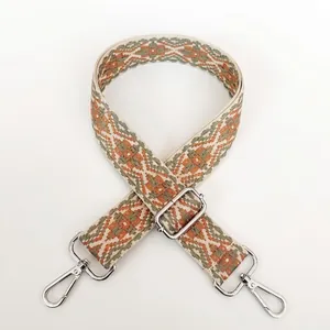 Detail view of ethnic geometric jacquard bag strap No.7 with durable silver metal hook