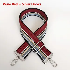 Adjustable 5cm wide striped nylon shoulder strap with wine red accents and silver hooks