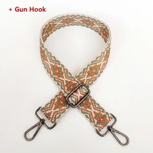 Adjustable geometric woven bag strap with durable gunmetal hooks and jacquard pattern