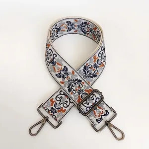 Detail view of retro jacquard woven bag strap with gunmetal swivel hooks and adjustable buckle