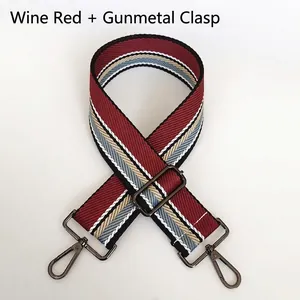 Detail of adjustable wine red striped guitar style bag strap with gunmetal hooks