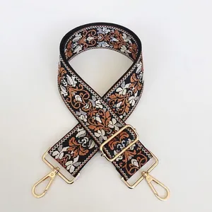 Vintage jacquard embroidered wide bag strap with golden swivel hooks and buckles
