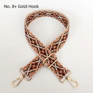 Detail of adjustable geometric jacquard bag strap with gold lobster clasps and ethnic pattern