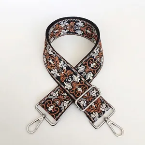 Detail of retro floral jacquard canvas bag strap with silver metal swivel hooks