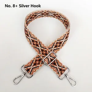 Detail view of ethnic geometric jacquard bag strap with silver metal buckle and hook