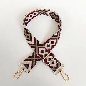 Close-up of ethnic style jacquard diamond pattern strap with golden lobster clasps