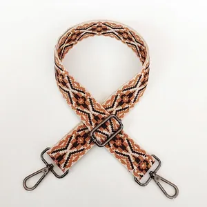 Detail of ethnic geometric patterned canvas strap with gunmetal swivel hooks and buckle