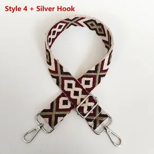 Detail of adjustable geometric diamond pattern bag strap with silver metal swivel hooks