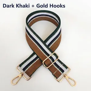 Detail of 5cm wide adjustable woven shoulder strap in khaki stripes with gold metal hooks