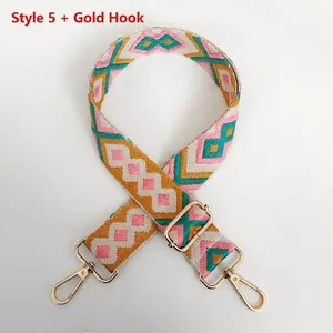Detail of colorful geometric diamond pattern jacquard canvas bag strap with gold hooks