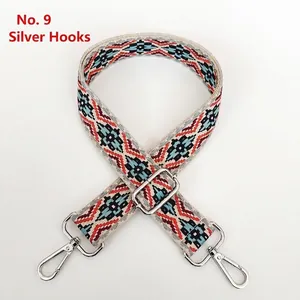 Detail view of ethnic geometric jacquard woven strap with silver swivel lobster hooks