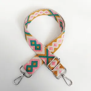 Detail of No.5 ethnic geometric diamond pattern canvas strap with silver metal hooks