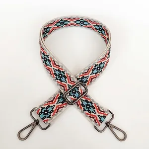 Detailed view of ethnic geometric woven strap No.9 with gunmetal swivel snap hooks