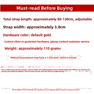 Adjustable bag strap specifications 80-130cm length and 3.8cm width with gold hardware