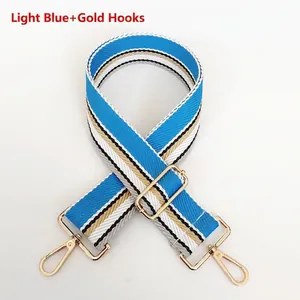 Detail of light blue striped 5cm wide adjustable strap with premium gold metal hooks