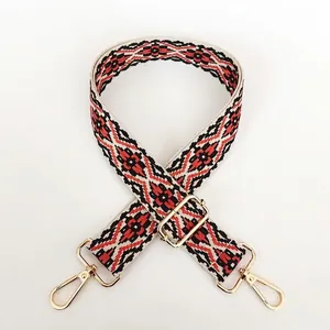 Detail view of Style 10 ethnic geometric pattern canvas shoulder strap with gold hardware