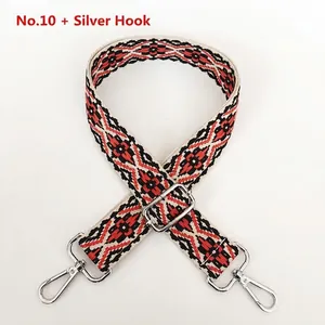 Detail of No.10 woven bag strap with red geometric pattern and silver buckles