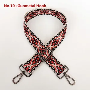 Detail of red and black geometric jacquard canvas strap with gunmetal swivel hooks