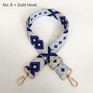 Detail of No.8 blue geometric jacquard canvas bag strap with golden metal rotating hooks