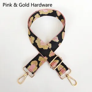 Close-up of pink leopard pattern strap with high-quality gold swivel metal hooks