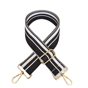 Adjustable 5cm wide striped canvas shoulder strap with gold metal hooks for handbags