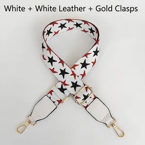 Adjustable white star pattern bag strap with leather ends and golden metal snap hooks