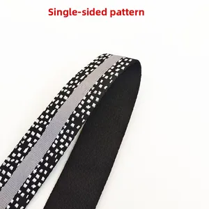Detail of high-density woven shoulder strap with black, white, and gray geometric patterns