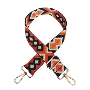 Adjustable wide canvas strap with orange geometric rhombus jacquard and gold metal hooks