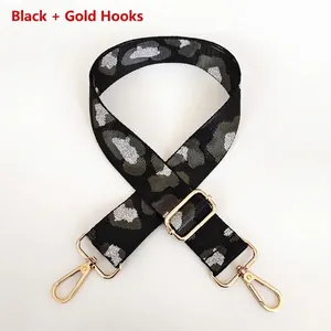 Detail view of wide leopard print woven strap with high-gloss gold metal lobster hooks