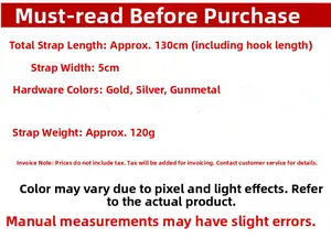 Detailed size chart for the 5cm wide striped bag strap with 130cm adjustable length